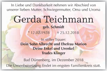 Traueranzeige von Gerda Teichmann von Super Sonntag Merseburg