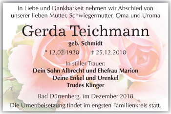 Traueranzeige von Gerda Teichmann von Mitteldeutsche Zeitung Merseburg/Querfurt