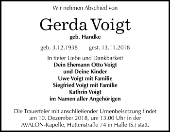 Traueranzeige von Gerda Voigt von Mitteldeutsche Zeitung Halle/Saalkreis