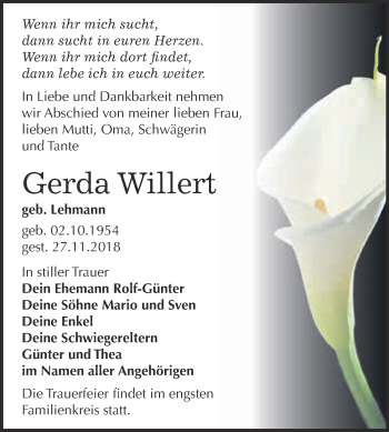 Traueranzeige von Gerda Willert von WVG - Wochenspiegel Wittenberg