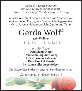 Traueranzeige von Gerda Wolff von WVG - Wochenspiegel Quedlinburg
