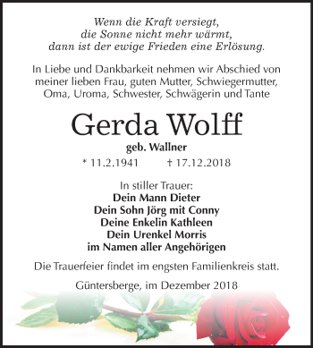 Traueranzeige von Gerda Wolff von Mitteldeutsche Zeitung Quedlinburg