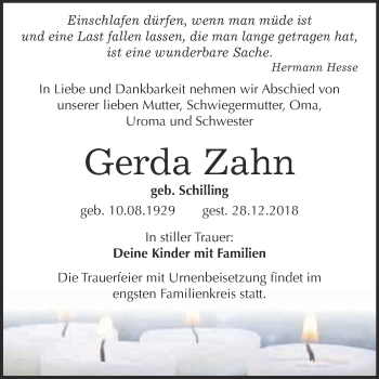 Traueranzeige von Gerda Zahn von WVG - Wochenspiegel Bitterfeld