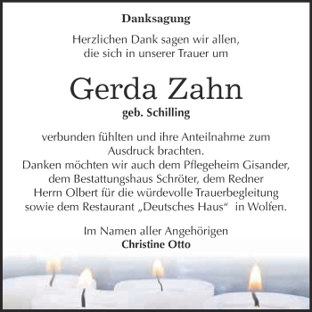 Traueranzeige von Gerda Zahn von WVG - Wochenspiegel Bitterfeld