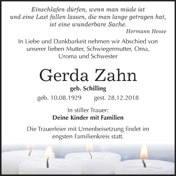 Traueranzeige von Gerda Zahn von Mitteldeutsche Zeitung Bitterfeld