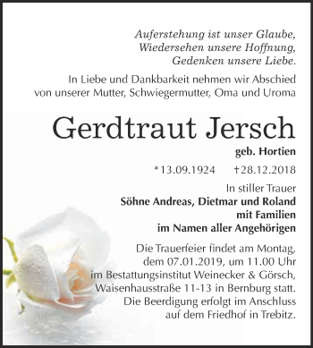 Traueranzeige von Gerdtraut Jersch von Super Sonntag Bernburg