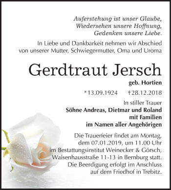 Traueranzeige von Gerdtraut Jersch von Mitteldeutsche Zeitung Bernburg