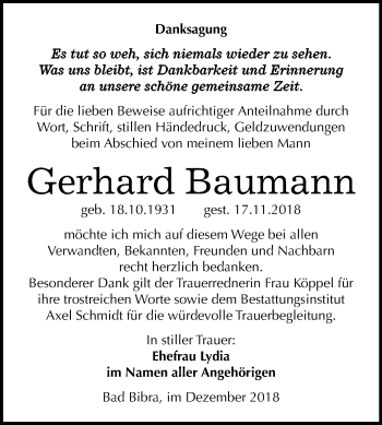 Traueranzeige von Gerhard Baumann von Mitteldeutsche Zeitung Naumburg/Nebra