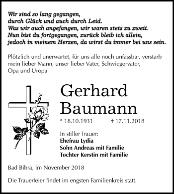 Traueranzeige von Gerhard Baumann von Mitteldeutsche Zeitung Naumburg/Nebra