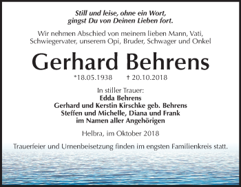 Traueranzeige von Gerhard Behrens von Mitteldeutsche Zeitung Aschersleben