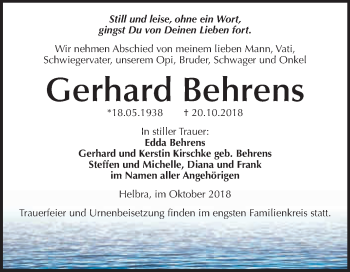 Traueranzeige von Gerhard Behrens von Wochenspiegel Mansfelder Land