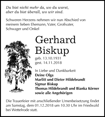 Traueranzeige von Gerhard Biskup von Mitteldeutsche Zeitung Sangerhausen