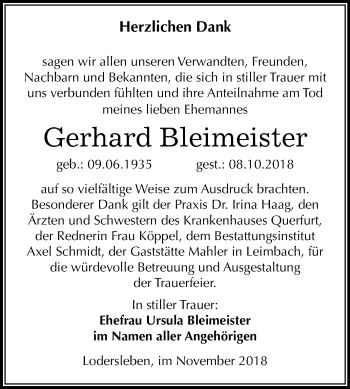 Traueranzeige von Gerhard Bleimeister von Mitteldeutsche Zeitung Merseburg/Querfurt