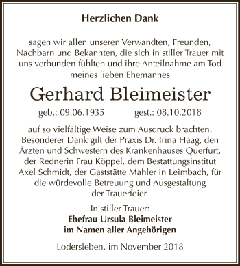 Traueranzeige von Gerhard Bleimeister von WVG - Wochenspiegel NMB / WSF / ZTZ