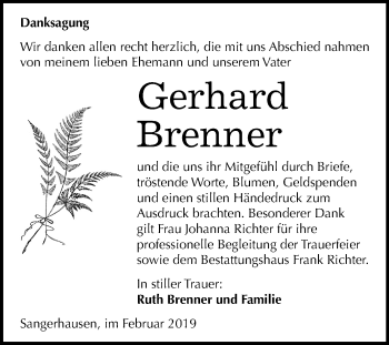 Traueranzeige von Gerhard Brenner von Mitteldeutsche Zeitung Sangerhausen