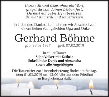 Traueranzeige von Gerhard Böhme von WVG - Wochenspiegel Merseburg