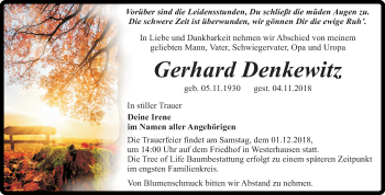 Traueranzeige von Gerhard Denkewitz von Mitteldeutsche Zeitung Quedlinburg