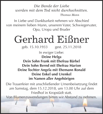 Traueranzeige von Gerhard Eißner von WVG - Wochenspiegel Wittenberg