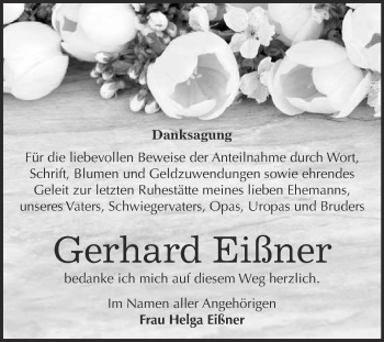 Traueranzeige von Gerhard Eißner von WVG - Wochenspiegel Wittenberg