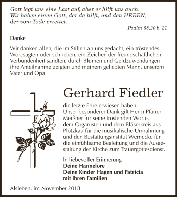 Traueranzeige von Gerhard Fiedler von Super Sonntag Bernburg