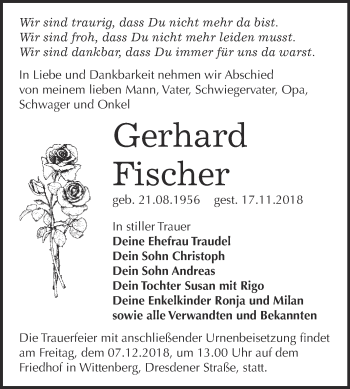 Traueranzeige von Gerhard Fischer von WVG - Wochenspiegel Wittenberg