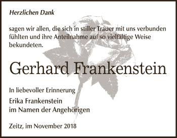 Traueranzeige von Gerhard Frankenstein von Super Sonntag Zeitz