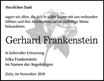 Traueranzeige von Gerhard Frankenstein von Mitteldeutsche Zeitung Zeitz