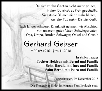 Traueranzeige von Gerhard Gebser von Mitteldeutsche Zeitung Sangerhausen