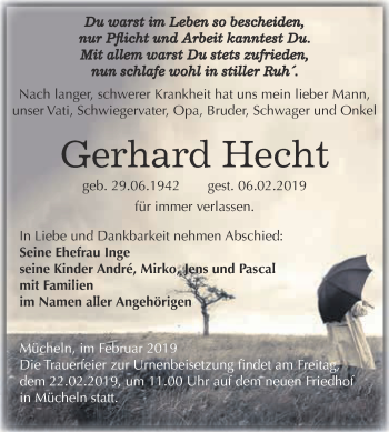 Traueranzeige von Gerhard Hecht von WVG - Wochenspiegel Merseburg