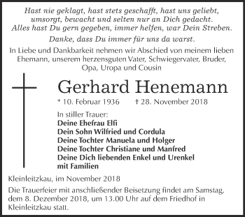 Traueranzeige von Gerhard Henemann von WVG - Wochenspiegel Dessau / Köthen