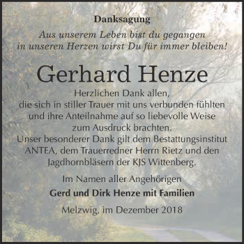 Traueranzeige von Gerhard Henze von Super Sonntag Wittenberg