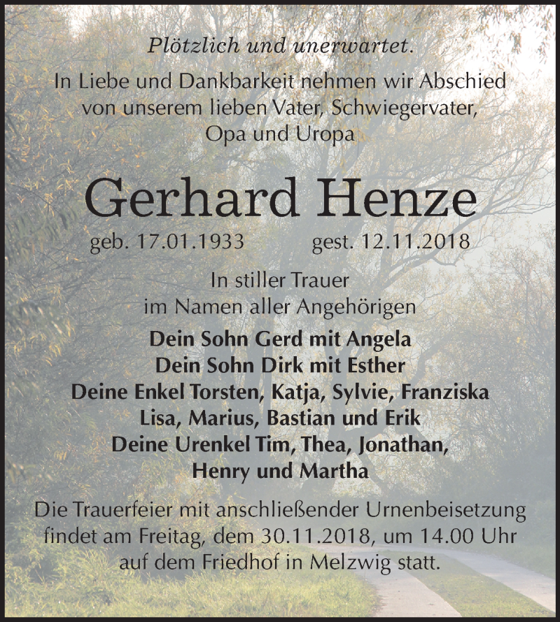  Traueranzeige für Gerhard Henze vom 17.11.2018 aus Mitteldeutsche Zeitung Wittenberg
