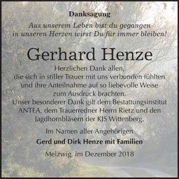 Traueranzeige von Gerhard Henze von Mitteldeutsche Zeitung Wittenberg