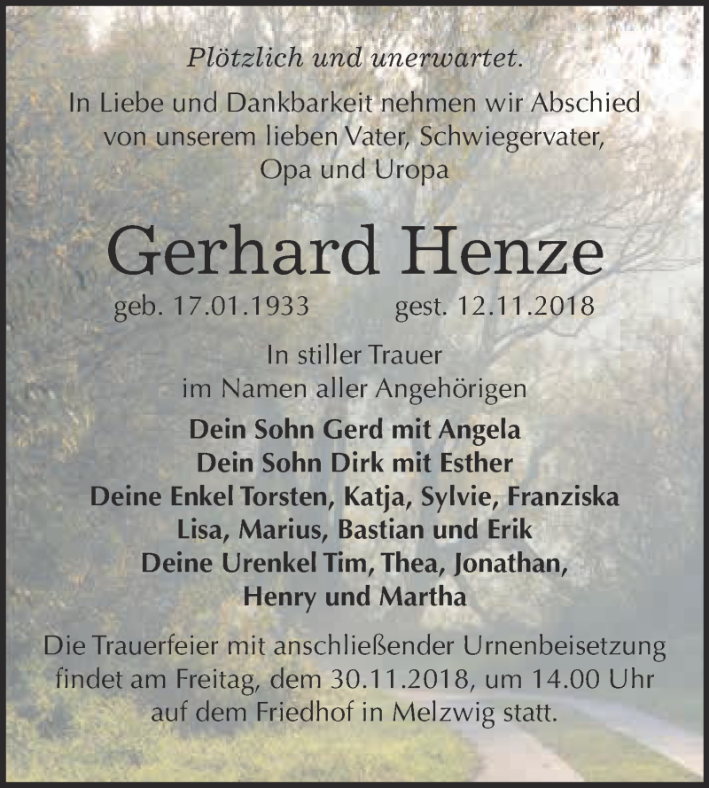  Traueranzeige für Gerhard Henze vom 17.11.2018 aus Super Sonntag Wittenberg