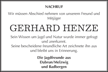 Traueranzeige von Gerhard Henze von Super Sonntag Wittenberg