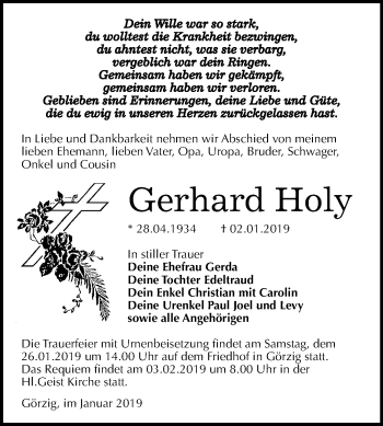 Traueranzeige von Gerhard Holy von Mitteldeutsche Zeitung Köthen