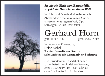 Traueranzeige von Gerhard Horn von WVG - Wochenspiegel Quedlinburg