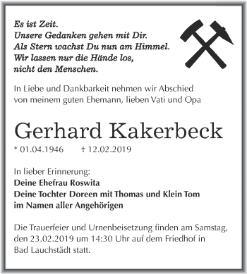 Traueranzeige von Gerhard Kakerbeck von WVG - Wochenspiegel Merseburg