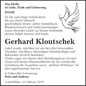 Traueranzeige von Gerhard Kloutschek von Super Sonntag Aschersleben