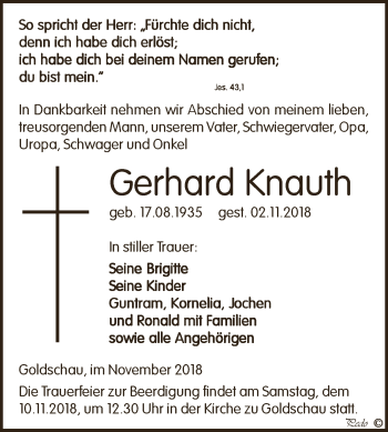 Traueranzeige von Gerhard Knauth von Super Sonntag Zeitz