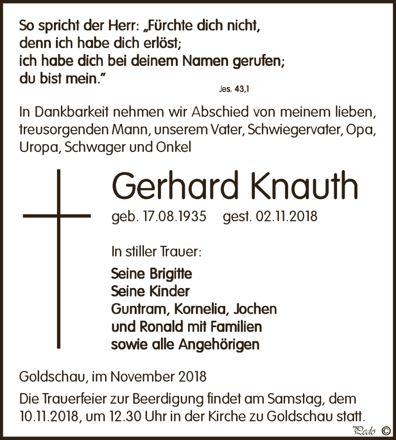  Traueranzeige für Gerhard Knauth vom 07.11.2018 aus Super Sonntag Zeitz