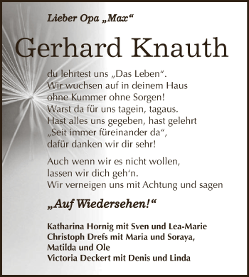 Traueranzeige von Gerhard Knauth von WVG - Wochenspiegel NMB / WSF / ZTZ