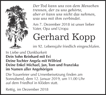 Traueranzeige von Gerhard Kopp von WVG - Wochenspiegel Wittenberg