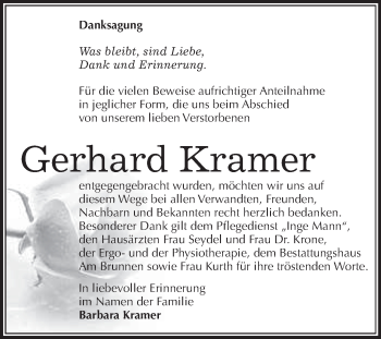 Traueranzeige von Gerhard Kramer von Wochenspiegel Mansfelder Land