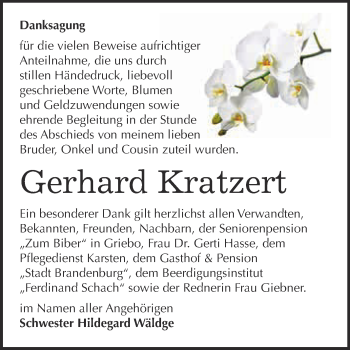 Traueranzeige von Gerhard Kratzert von WVG - Wochenspiegel Wittenberg