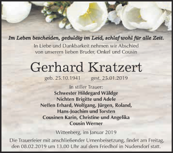 Traueranzeige von Gerhard Kratzert von WVG - Wochenspiegel Wittenberg