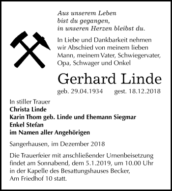 Traueranzeige von Gerhard Linde von Mitteldeutsche Zeitung Sangerhausen