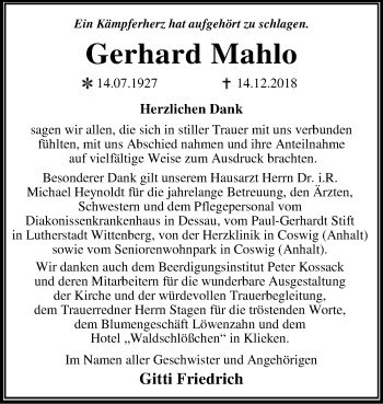 Traueranzeige von Gerhard Mahlo von WVG - Wochenspiegel Dessau / Köthen