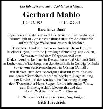 Traueranzeige von Gerhard Mahlo von Mitteldeutsche Zeitung Wittenberg