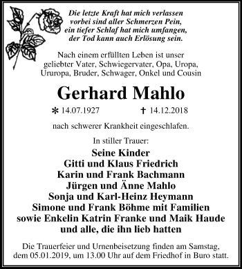 Traueranzeige von Gerhard Mahlo von Mitteldeutsche Zeitung Wittenberg